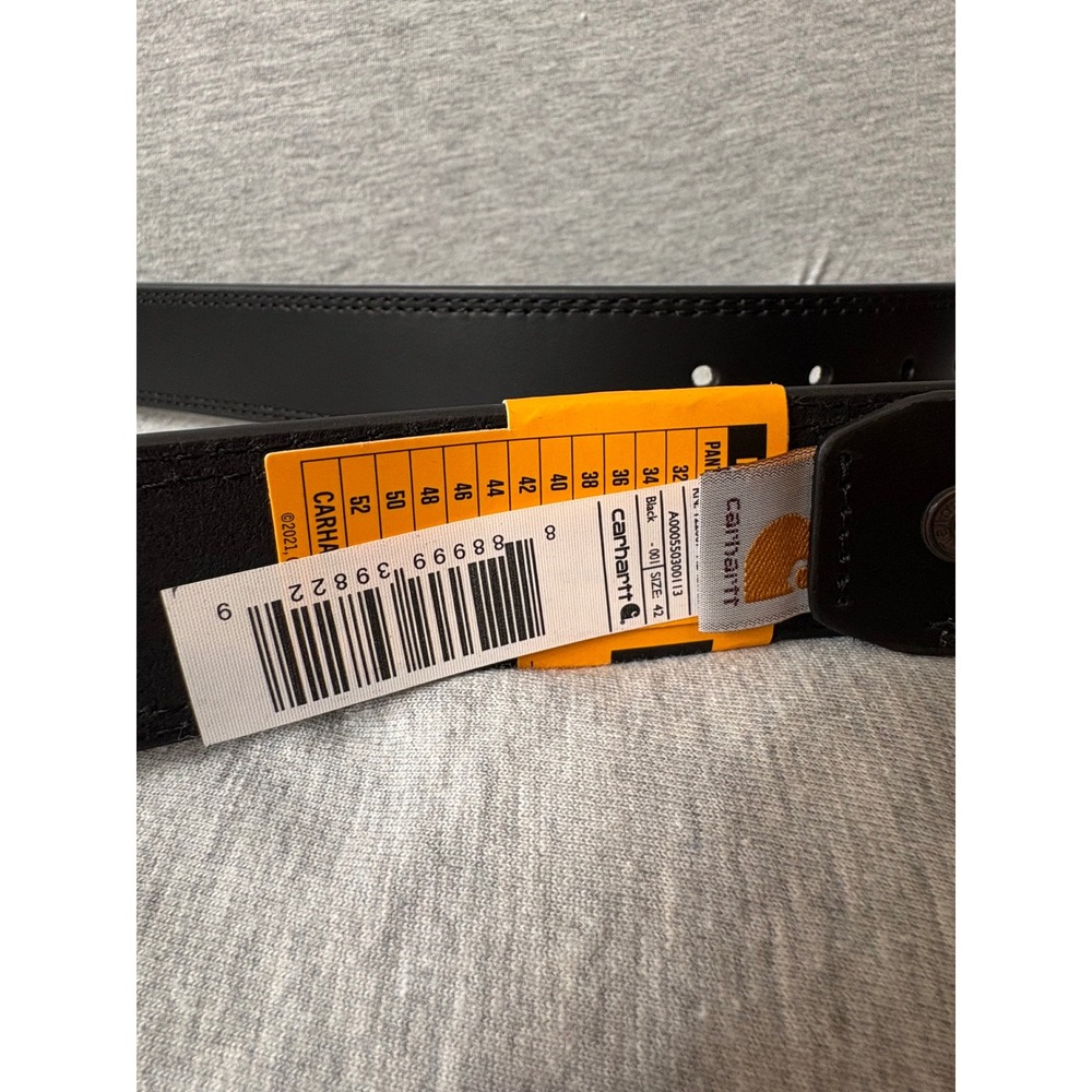 Carhartt Mens Black Top Grain Leather Engraved Buckle Belt Size 42 WB5503-M